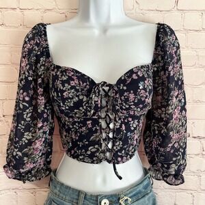 New Blush BJ Ruched Floral Front Lace up Crop Top Quarter‎ sleeve Size Medium